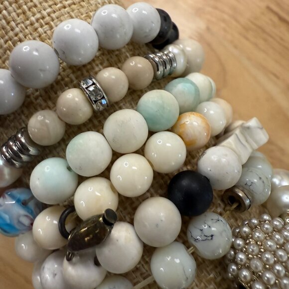 White Beaded Stretch Bracelet Stack Set Of 10 For Women Wearable Or Craft - Picture 13 of 13